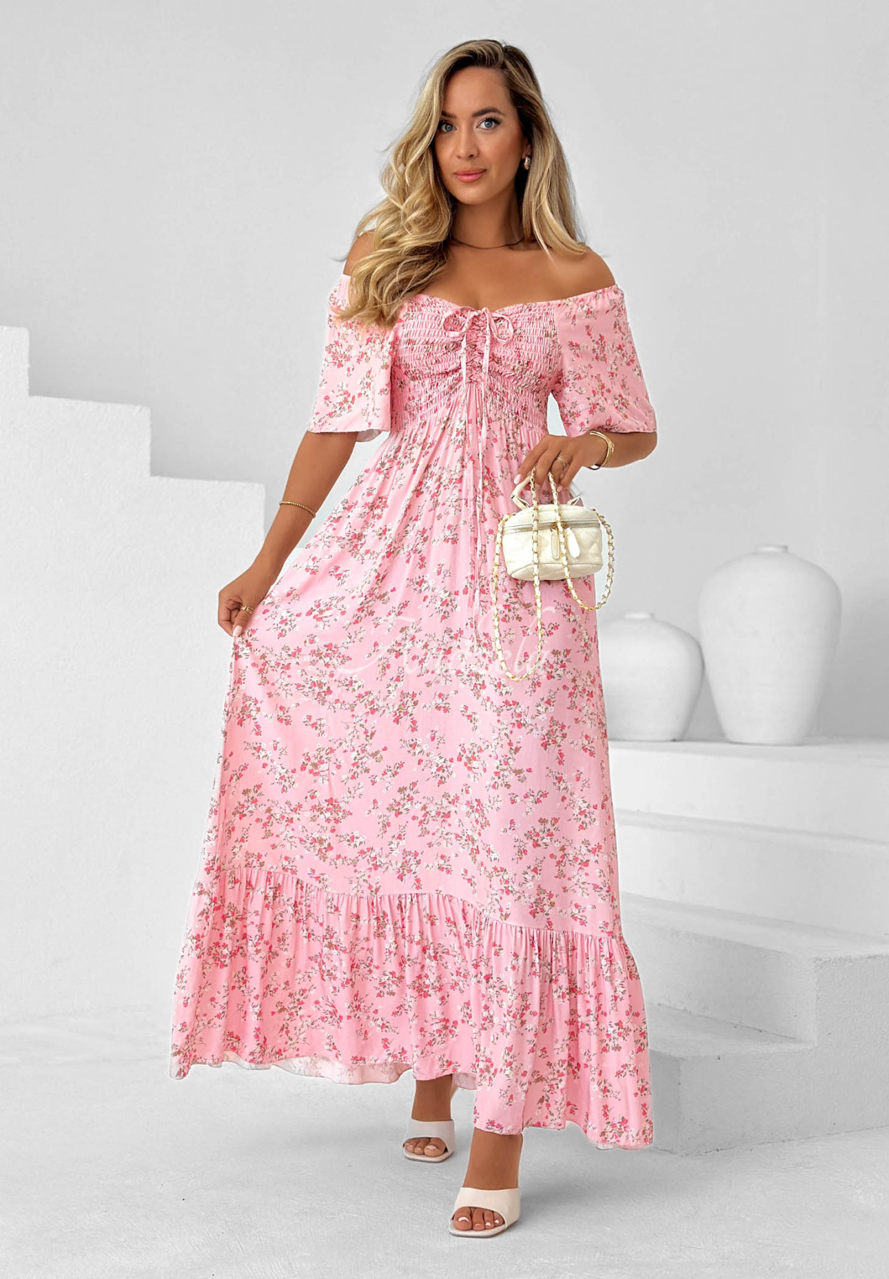 Summer Garden Light Pink Floral Viscose Dress with Tie and Ruffles