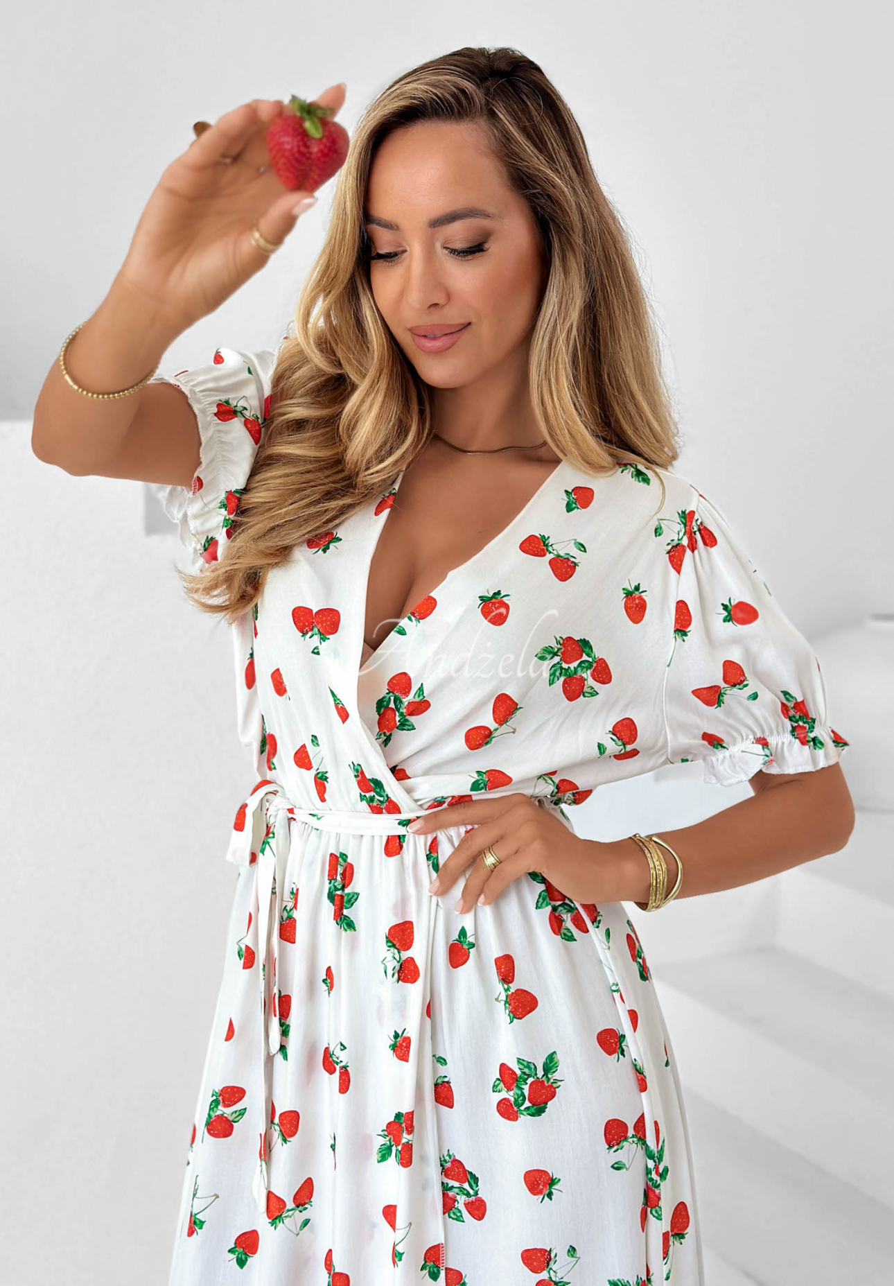 White Strawberry Kiss viscose midi dress with a strawberry-print belt