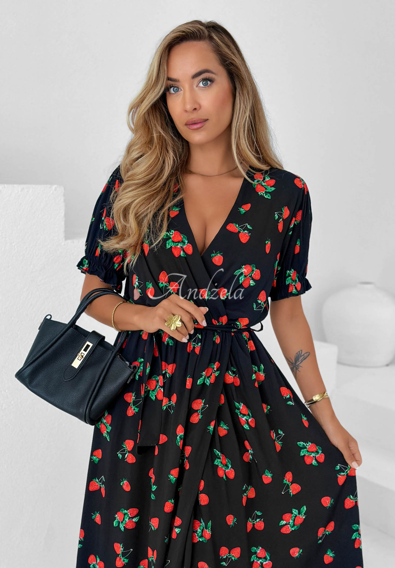 Black Strawberry Kiss viscose midi dress with a strawberry-print belt