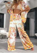 Wzorzysty komplet koszula i spodnie wide leg Solar Muse biało-żółty