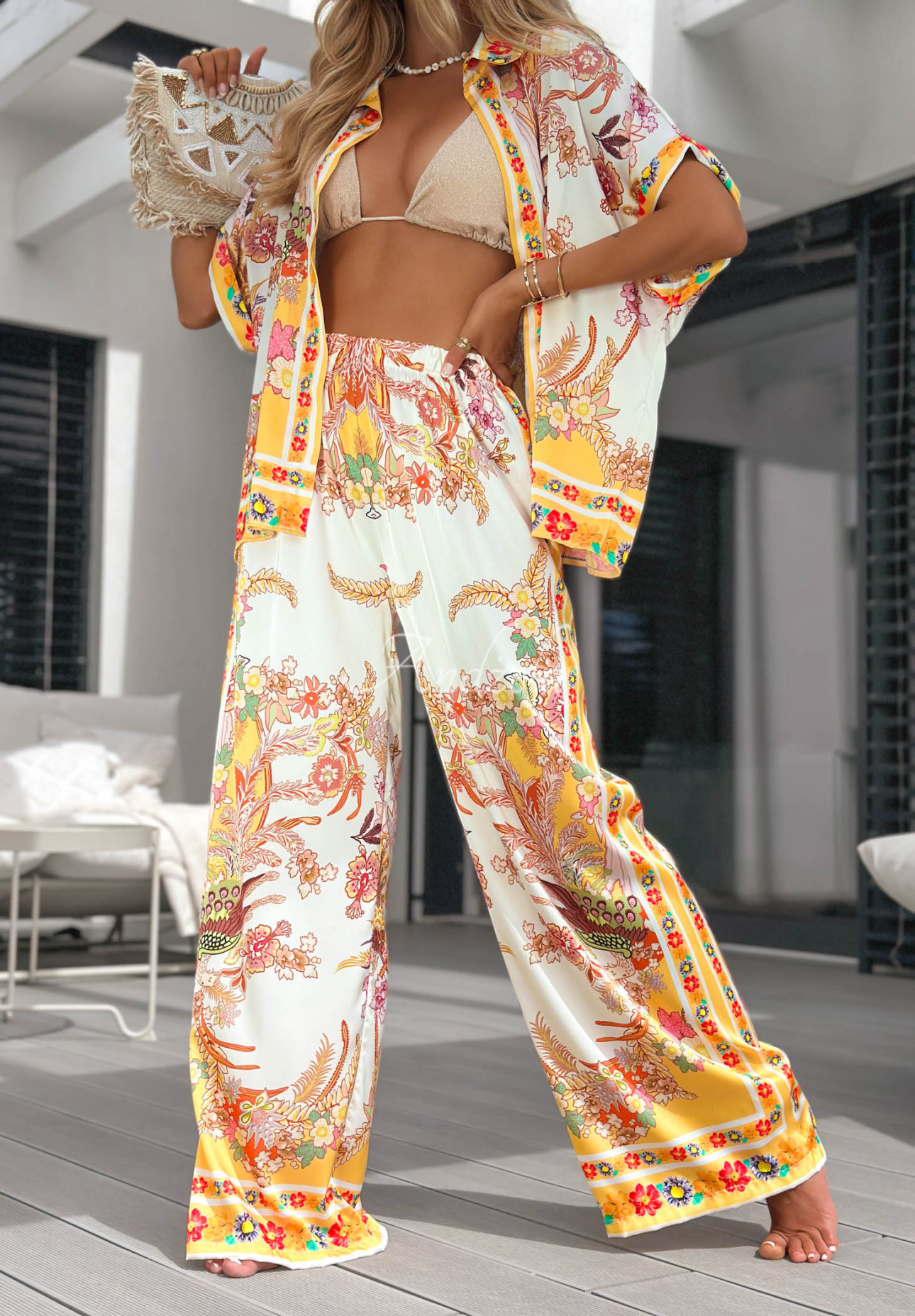 Wzorzysty komplet koszula i spodnie wide leg Solar Muse biało-żółty