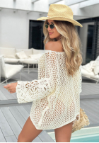 Ażurowy sweter oversize z koronkowymi rękawami boho Bonita Springs biały