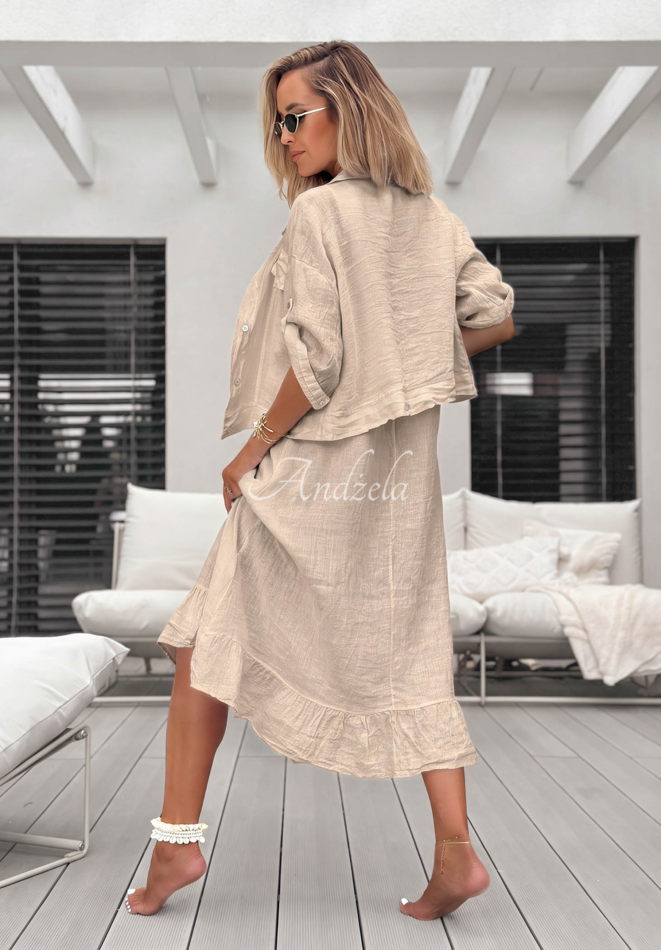 See You Soon Beige Linen Shirt and Dress Set