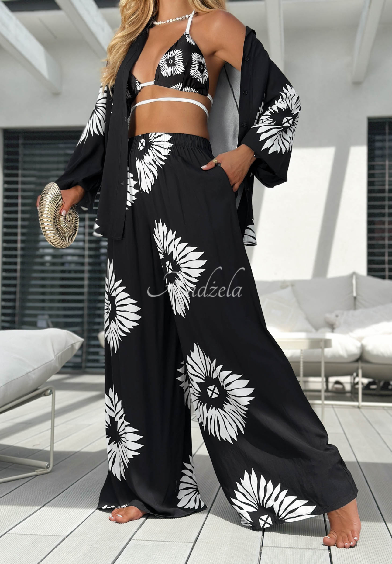3-in-1 viscose set (top, shirt, and pants) in the Fiesta Time pattern, black