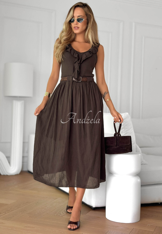 Good Winds Chocolate-Colored Cotton Midi Dress with Ruffles and a Belt