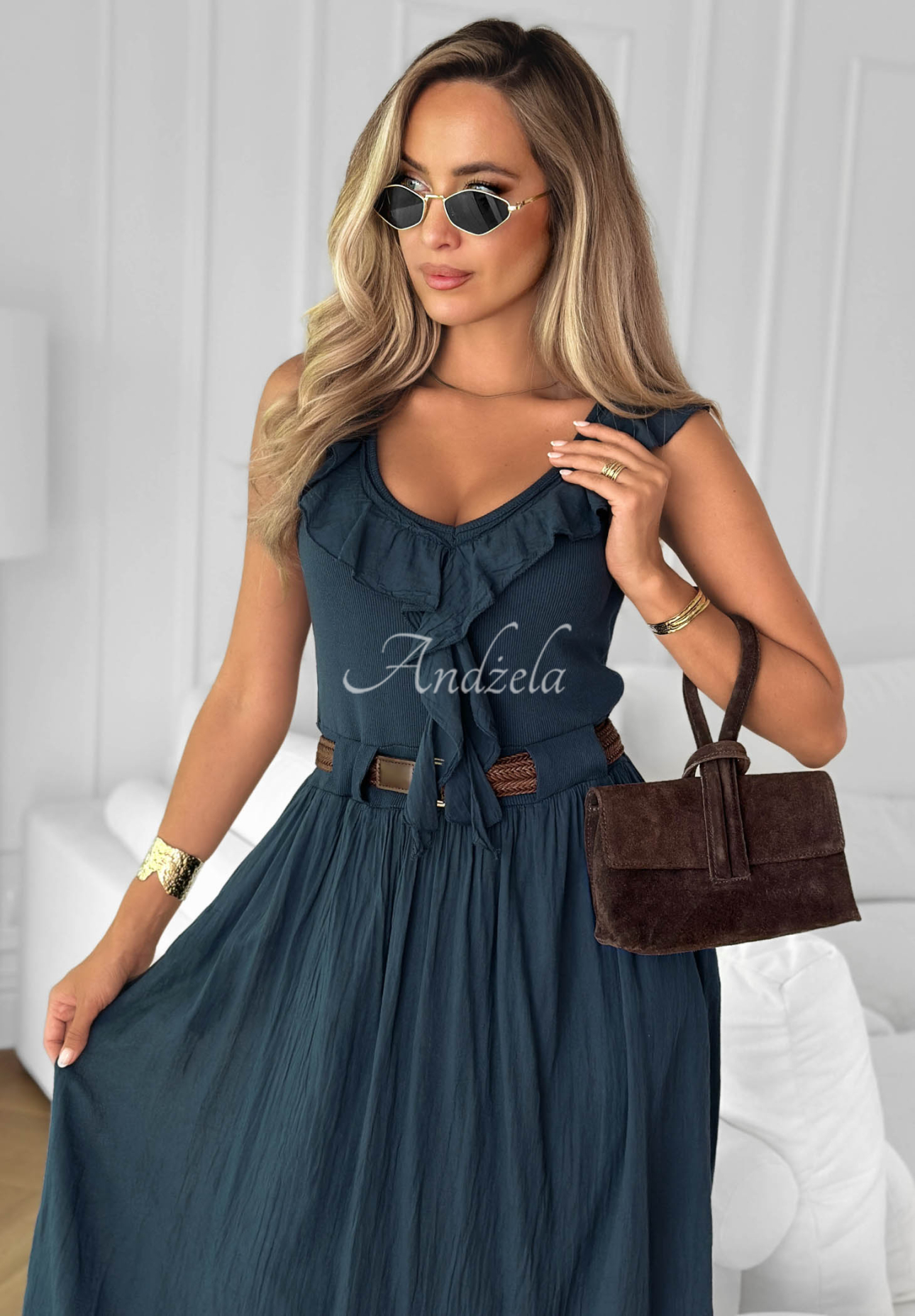 Good Winds Navy Blue Cotton Midi Dress with Ruffles and a Belt