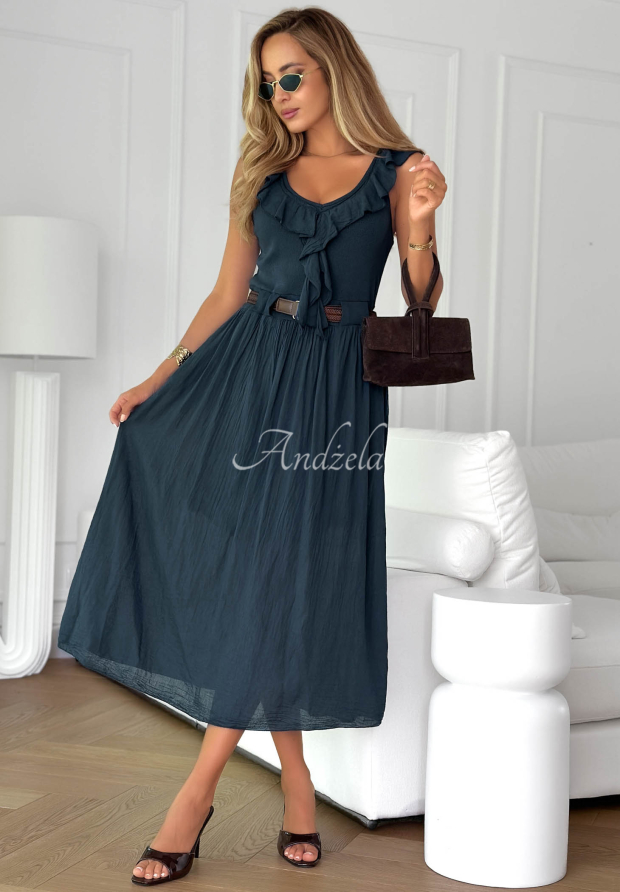 Good Winds Navy Blue Cotton Midi Dress with Ruffles and a Belt