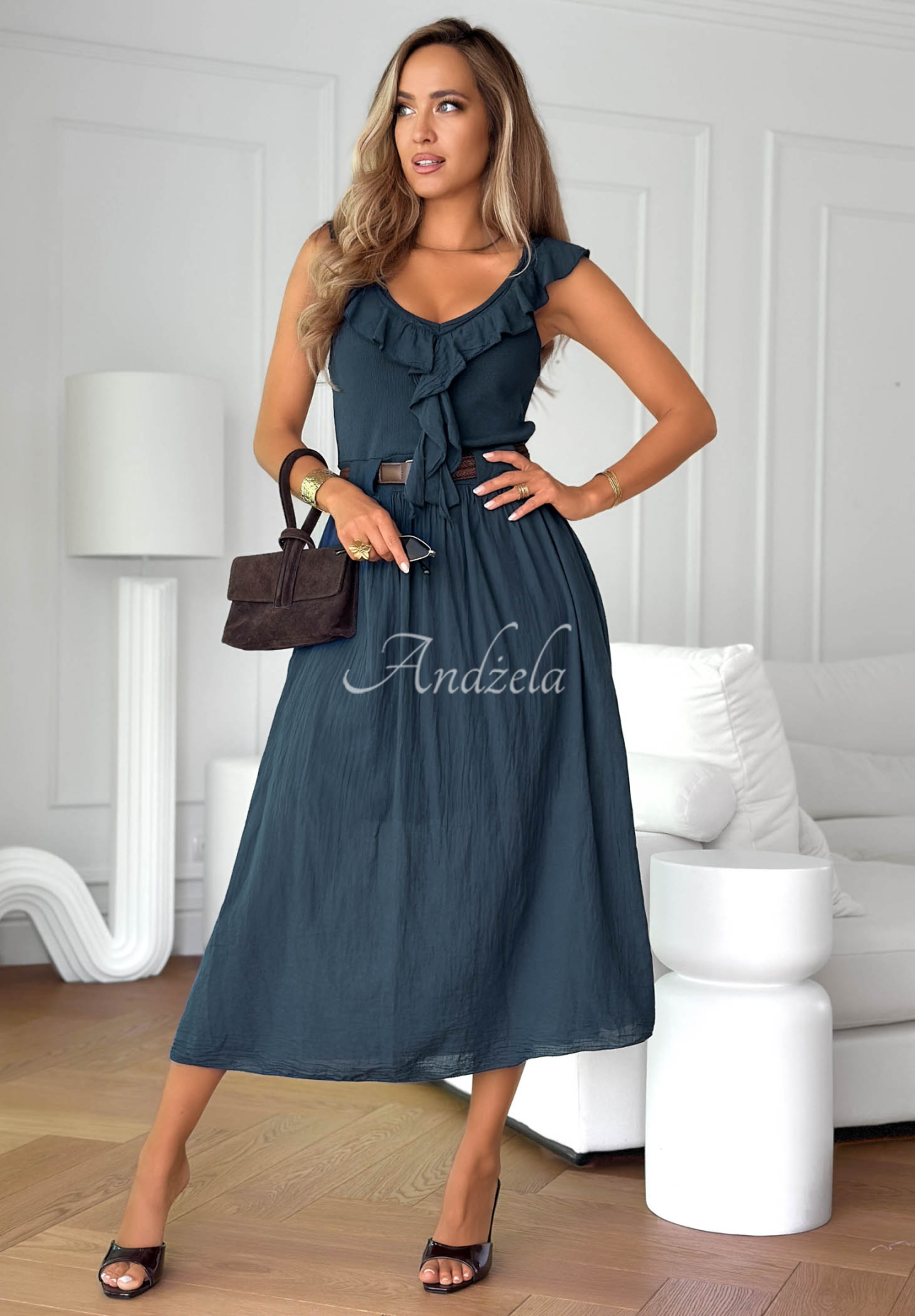 Good Winds Navy Blue Cotton Midi Dress with Ruffles and a Belt