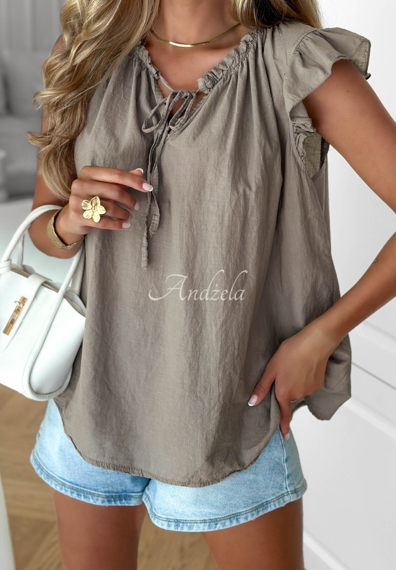 Subtle Sun Mocha Cotton Blouse with Ruffles and a Tie