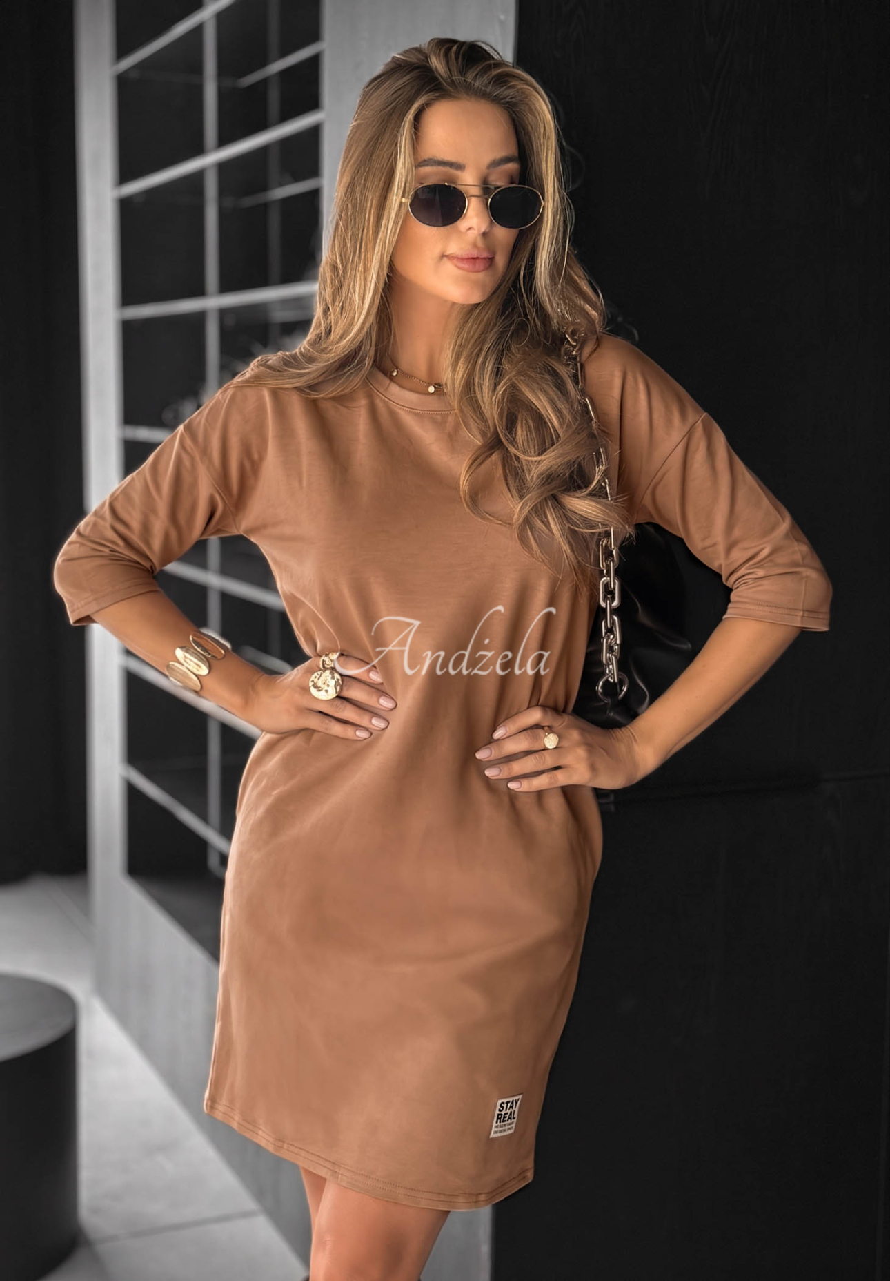 Stay Real Camel-Colored Tunic Dress with Pockets