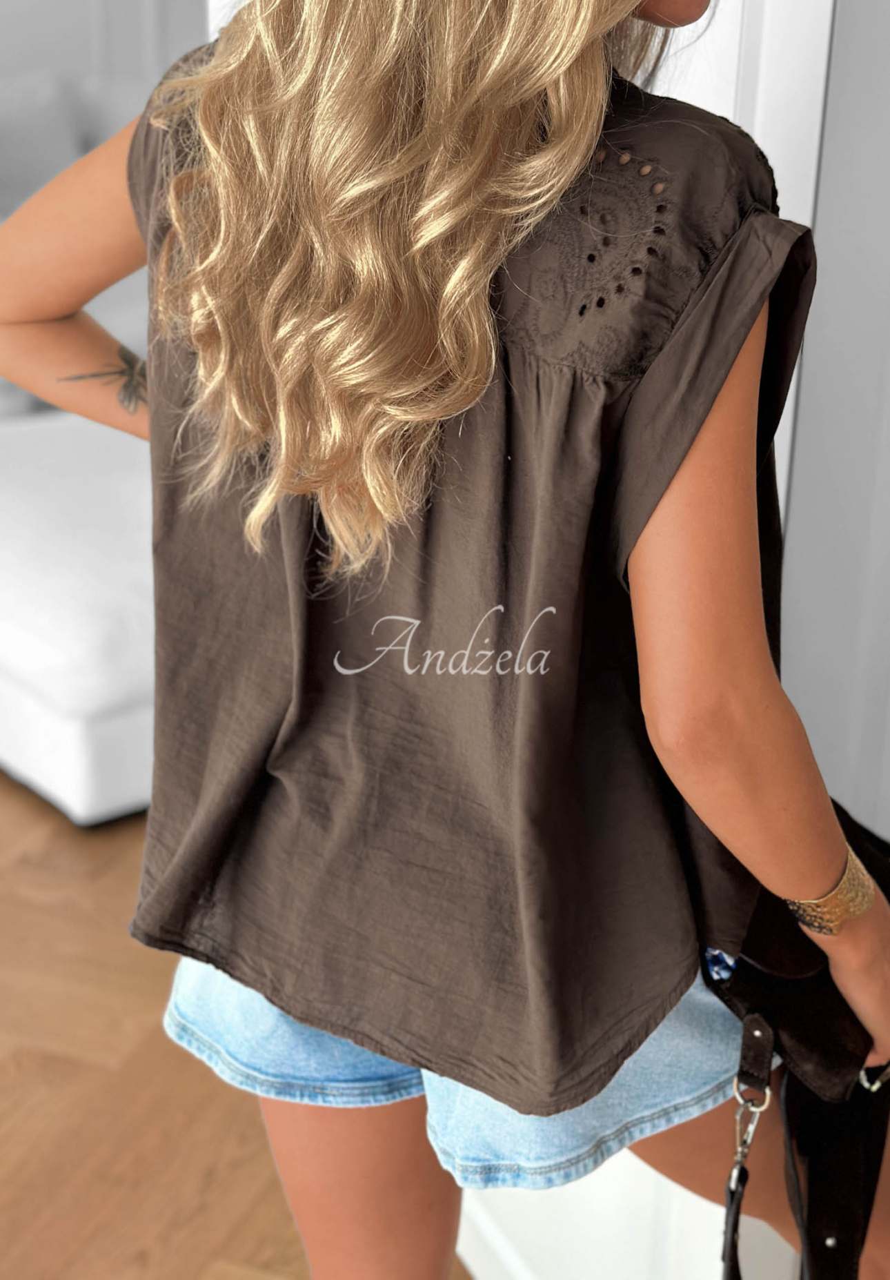 Isla Belle Chocolate-Colored Openwork Cotton Shirt
