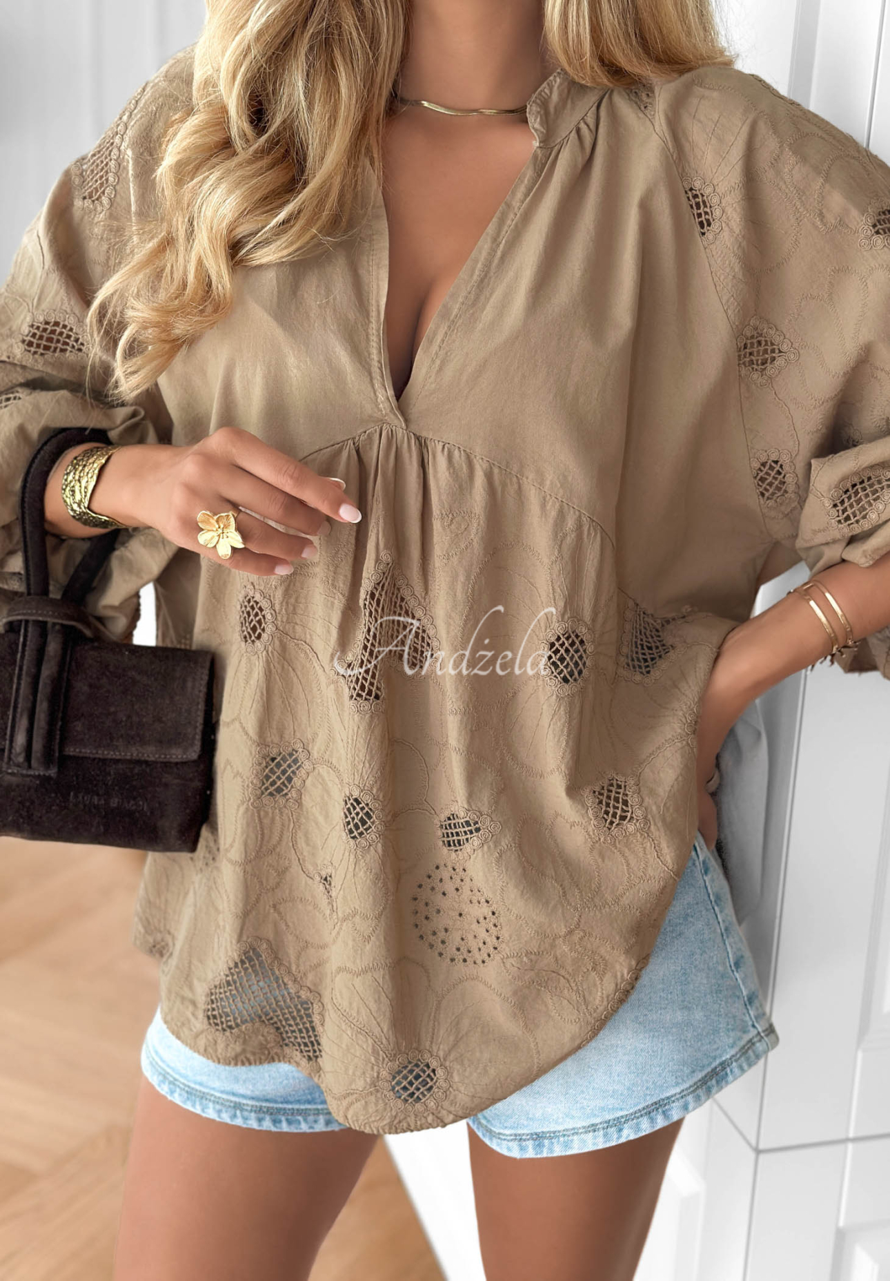 Haftowana bluzka boho z bawełny Beach Wish camelowa