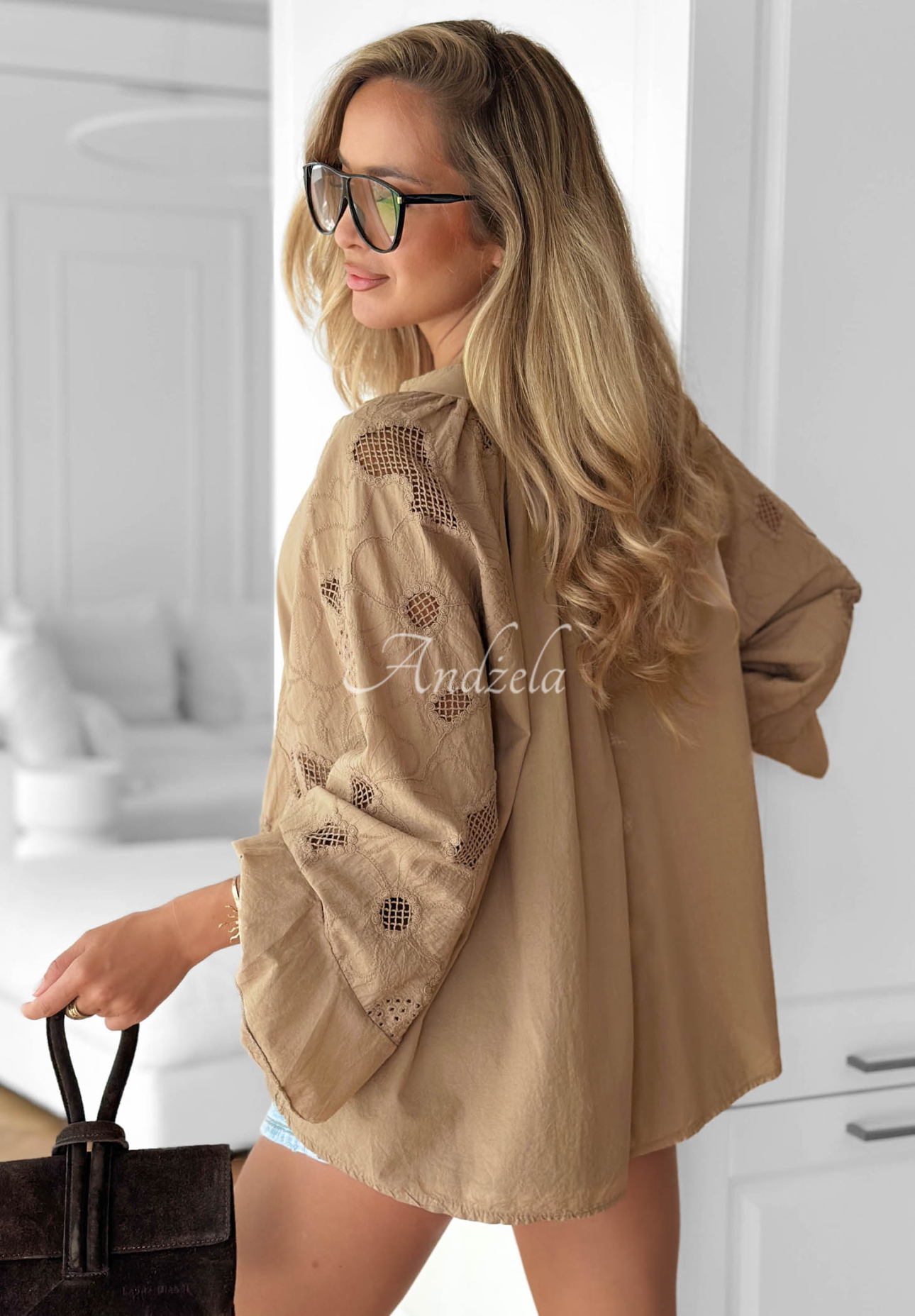 Beach Wish Camel-Colored Embroidered Boho Cotton Blouse