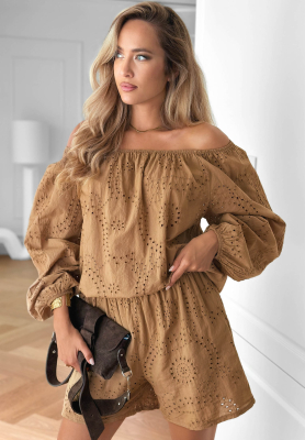 Openwork off-the-shoulder blouse and cotton shorts set by Sunset Charm in camel