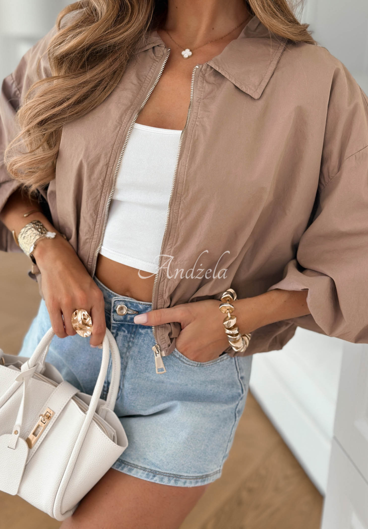 Lightweight cotton jacket with puff sleeves by Good To Know in mocha