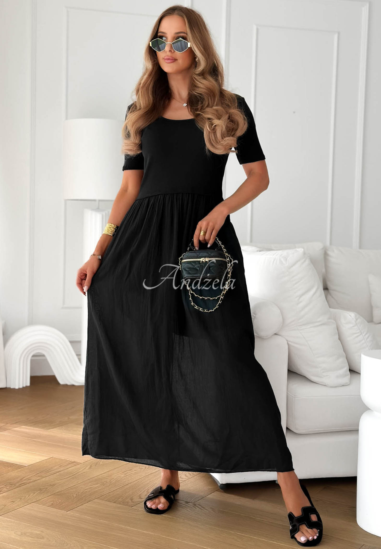 Primavera Mia Black Airy Cotton Midi Dress
