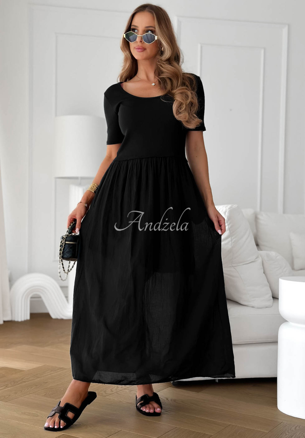 Primavera Mia Black Airy Cotton Midi Dress