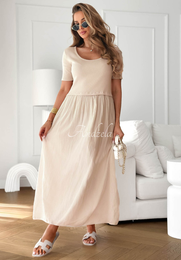 Primavera Mia Airy Beige Cotton Midi Dress