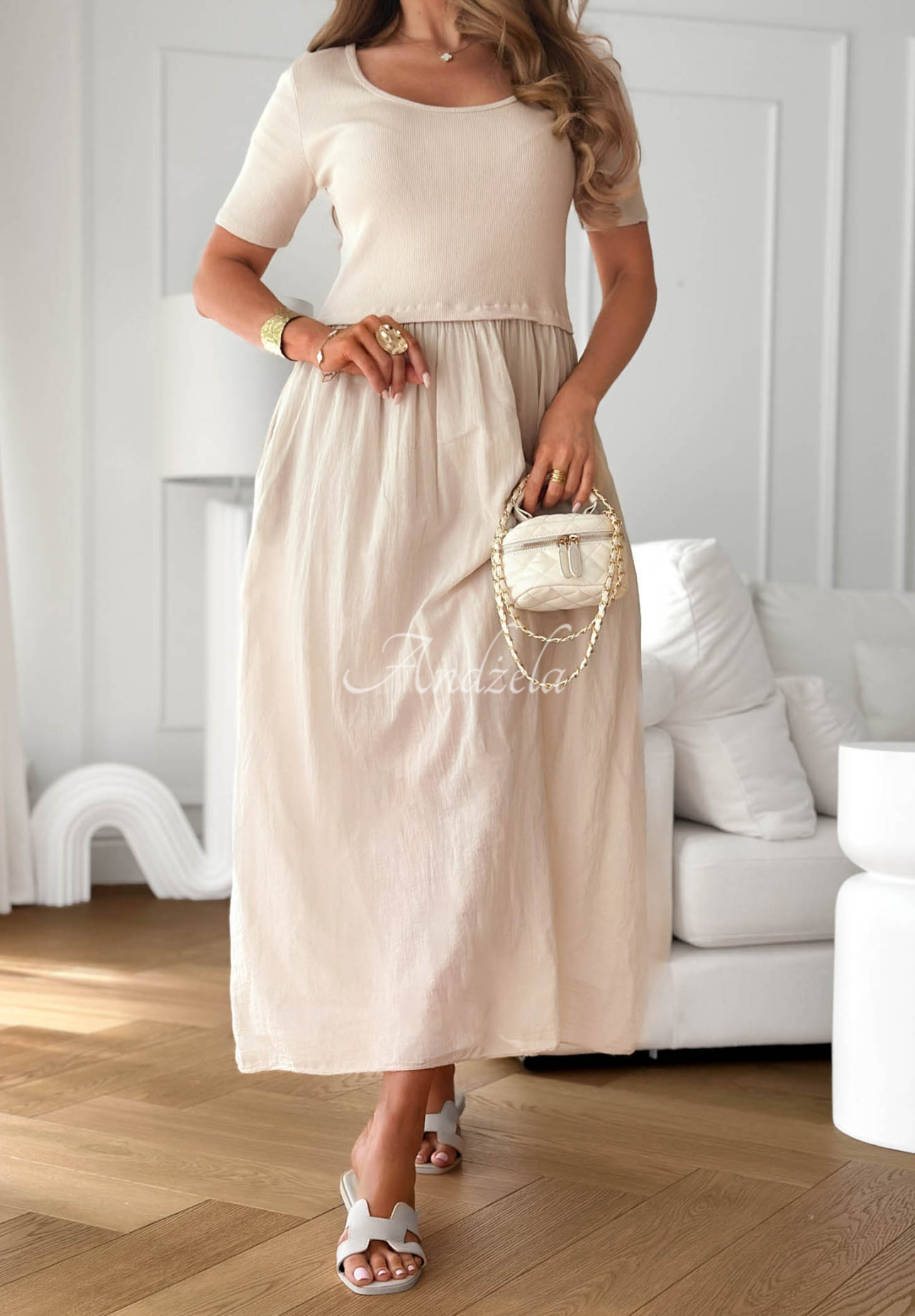 Primavera Mia Airy Beige Cotton Midi Dress