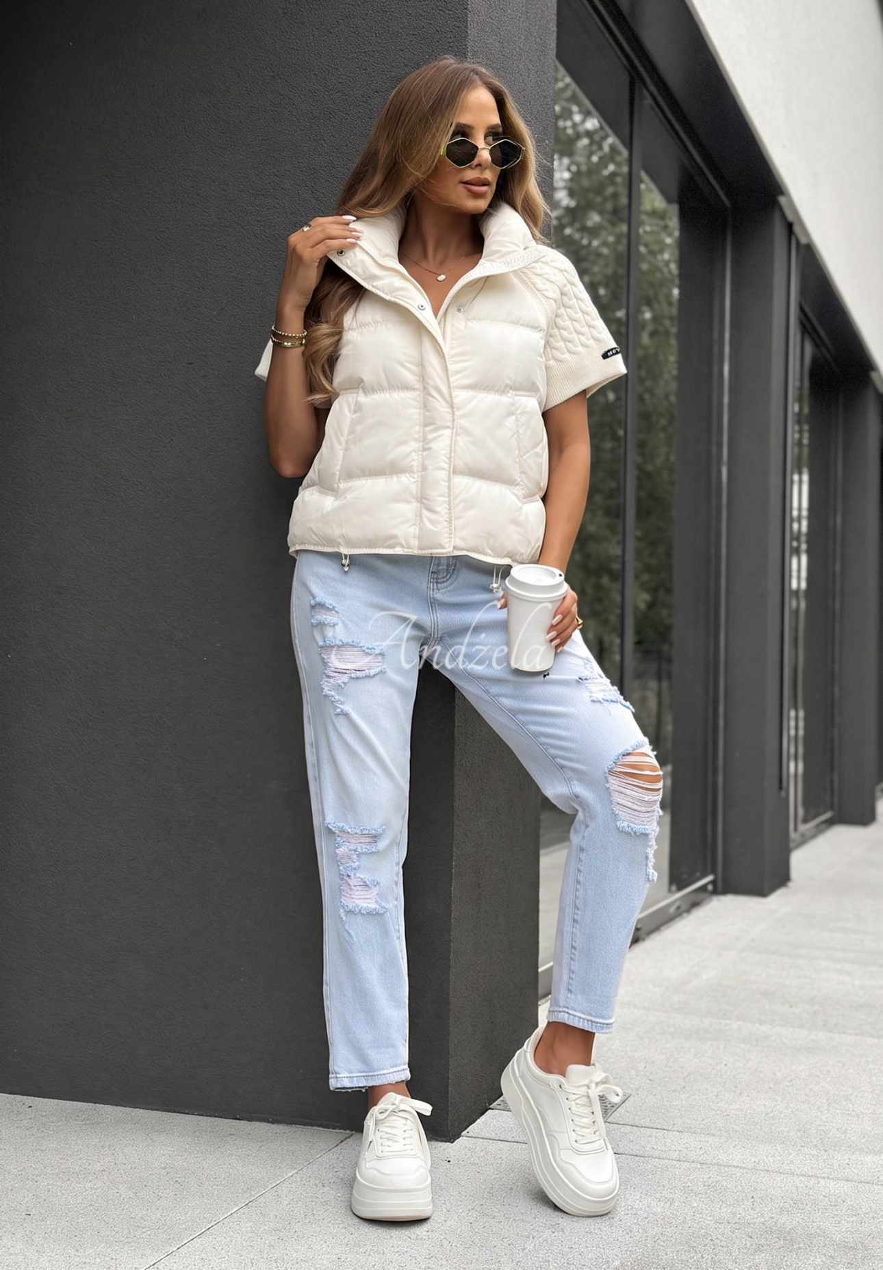Never Leave ecru down vest with knit inserts