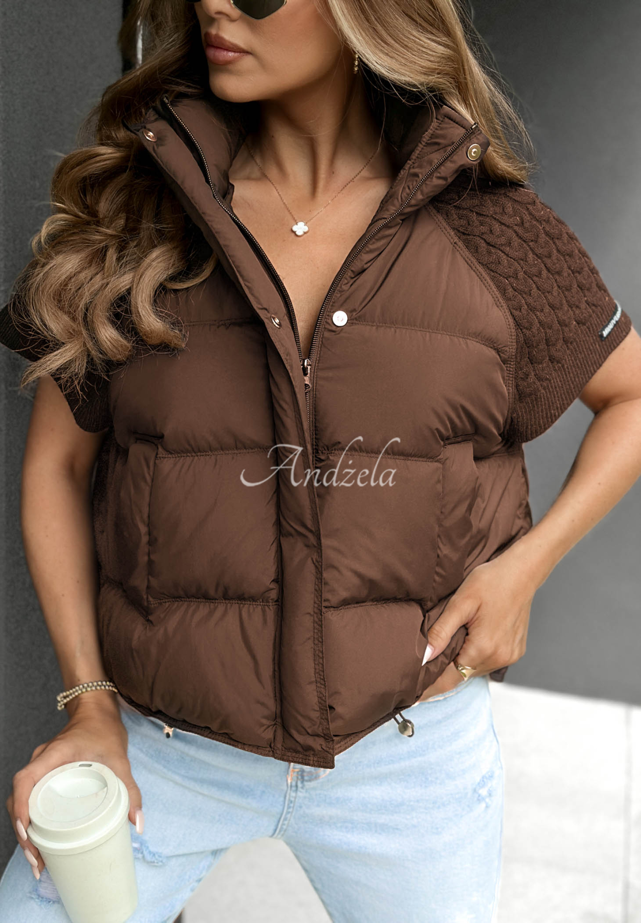 Never Leave Down Vest with Knit Inserts, Chocolate Brown
