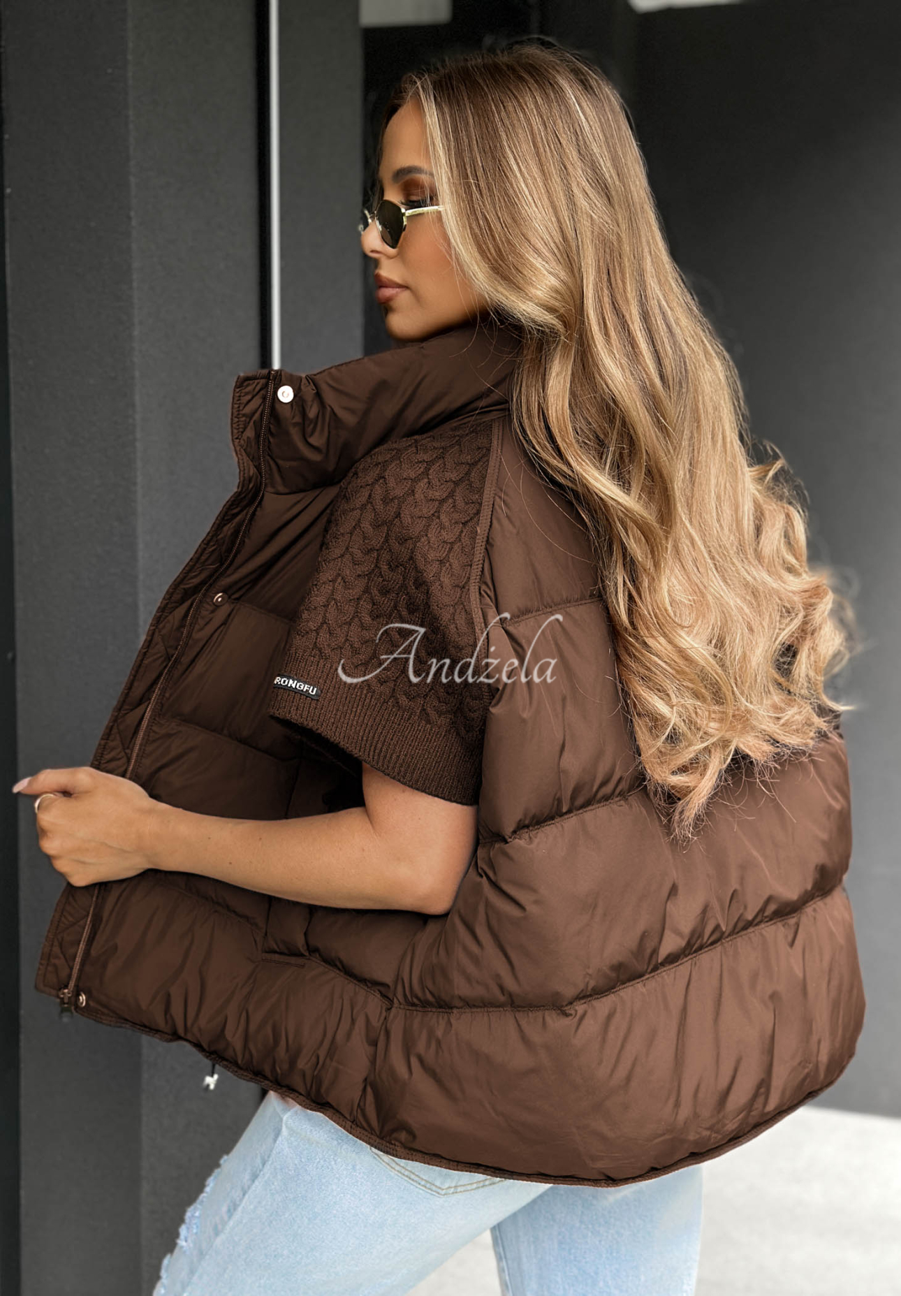 Never Leave Down Vest with Knit Inserts, Chocolate Brown