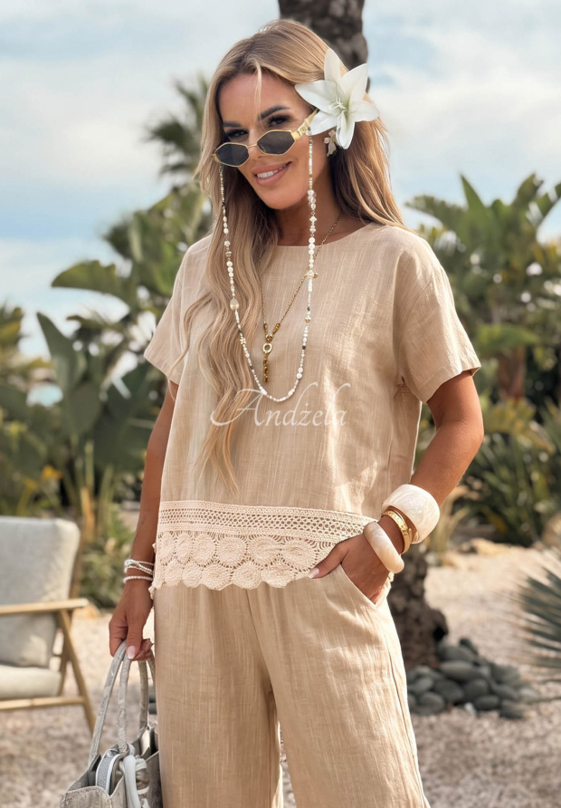 Soft Sand Beige Cotton Blouse with Lace