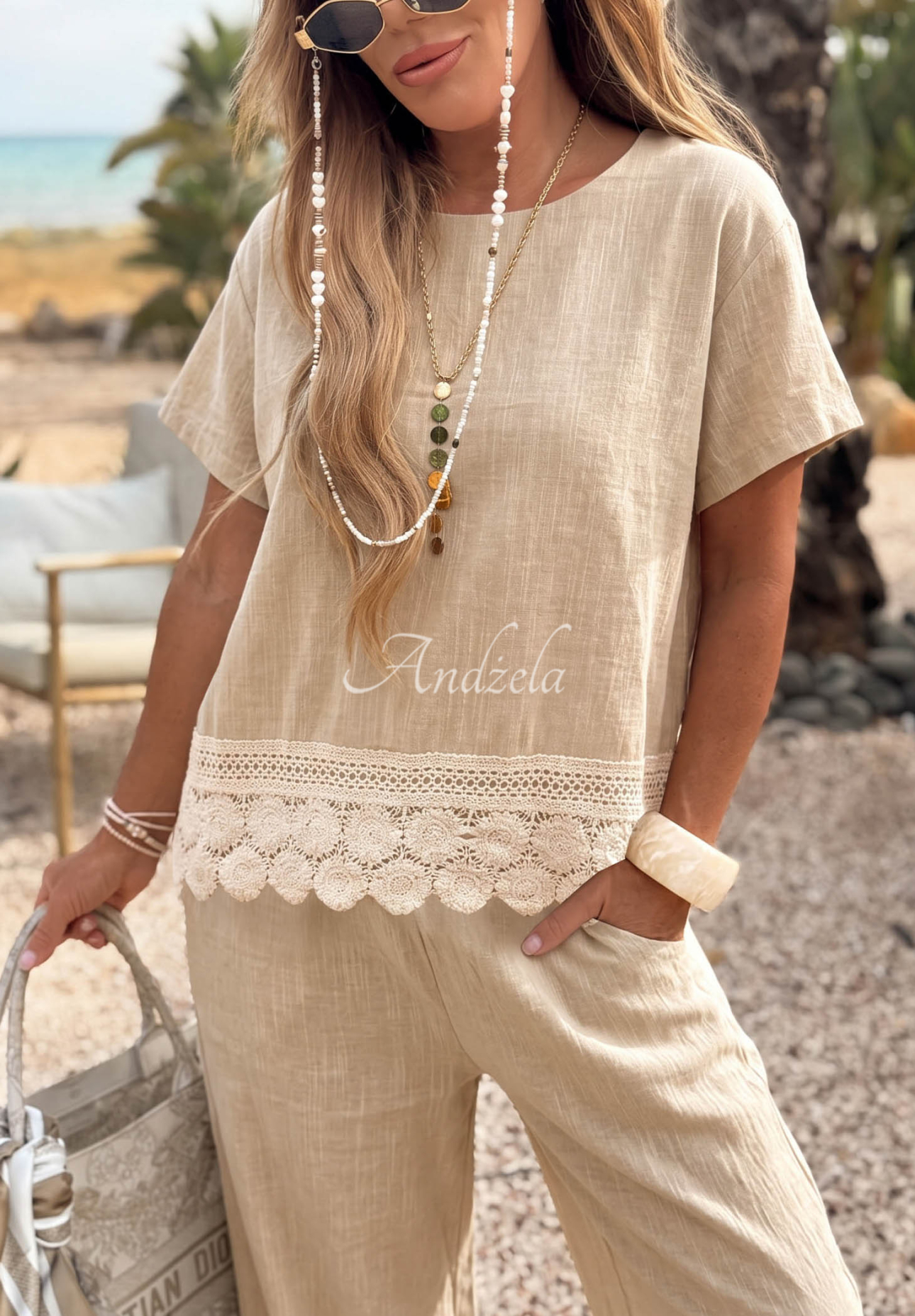 Soft Sand Beige Cotton Blouse with Lace
