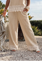 Spodnie wide leg z koronką Soft Sand beżowe