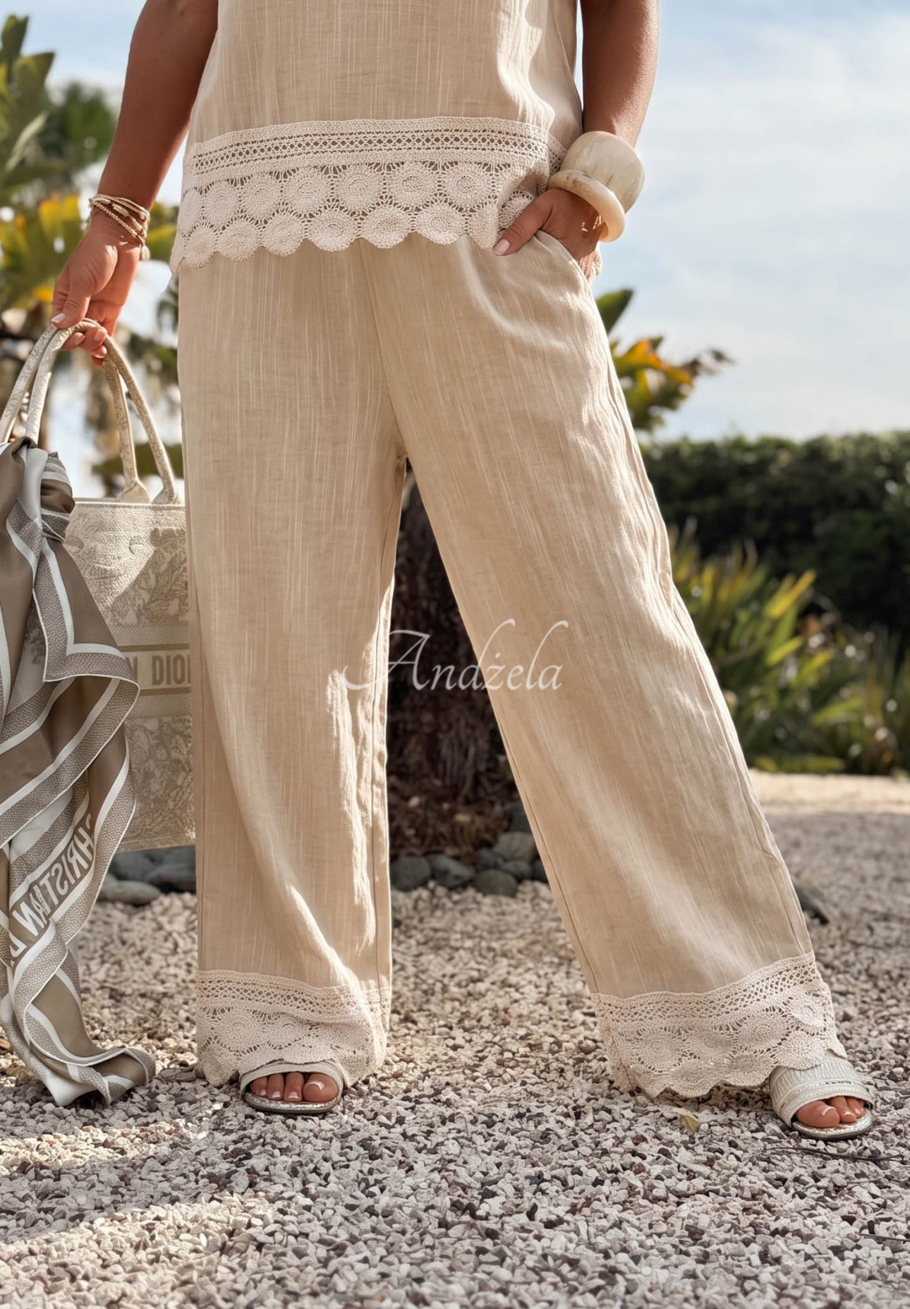 Soft Sand Beige Wide-Leg Cotton Pants with Lace