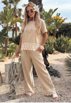 Spodnie wide leg z koronką Soft Sand beżowe
