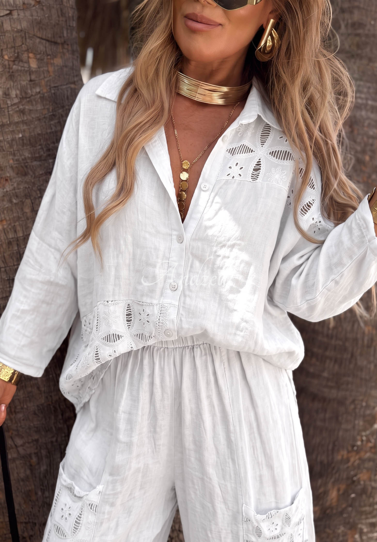 White Coral Sunset Linen Shirt with Openwork Details