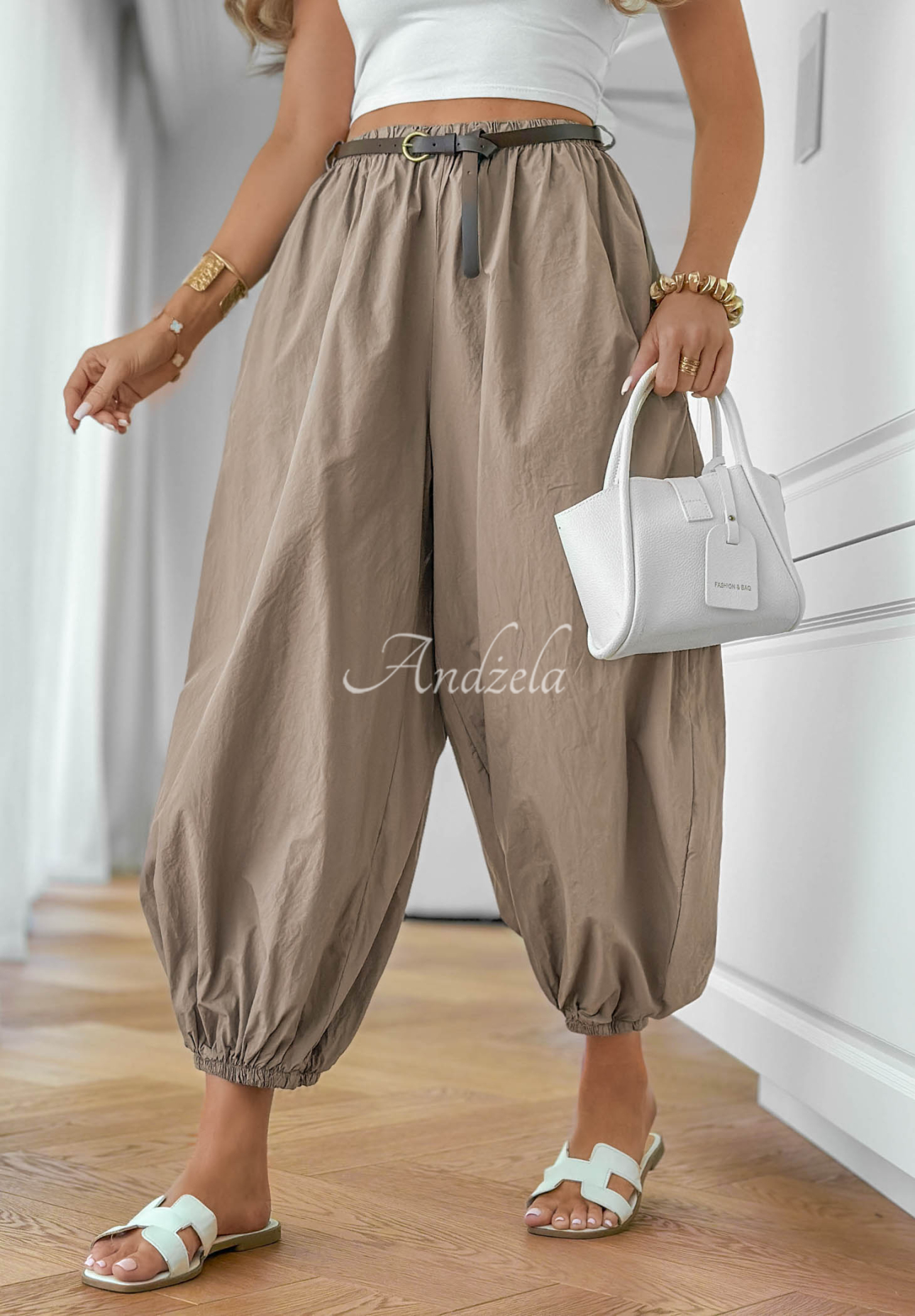 Stay Awhile mocha cotton jogger pants with a belt