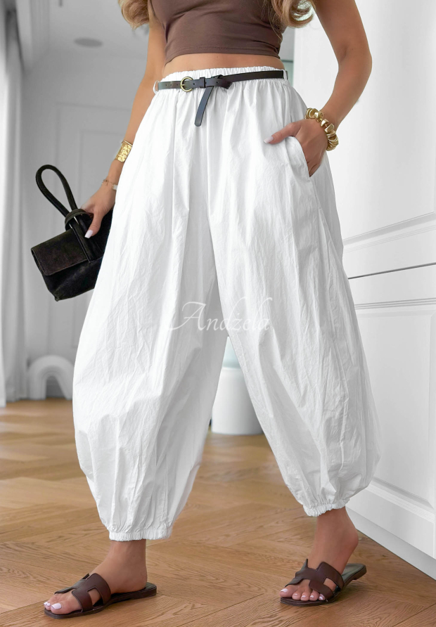 Stay Awhile White Cotton Jogger Pants with a Belt