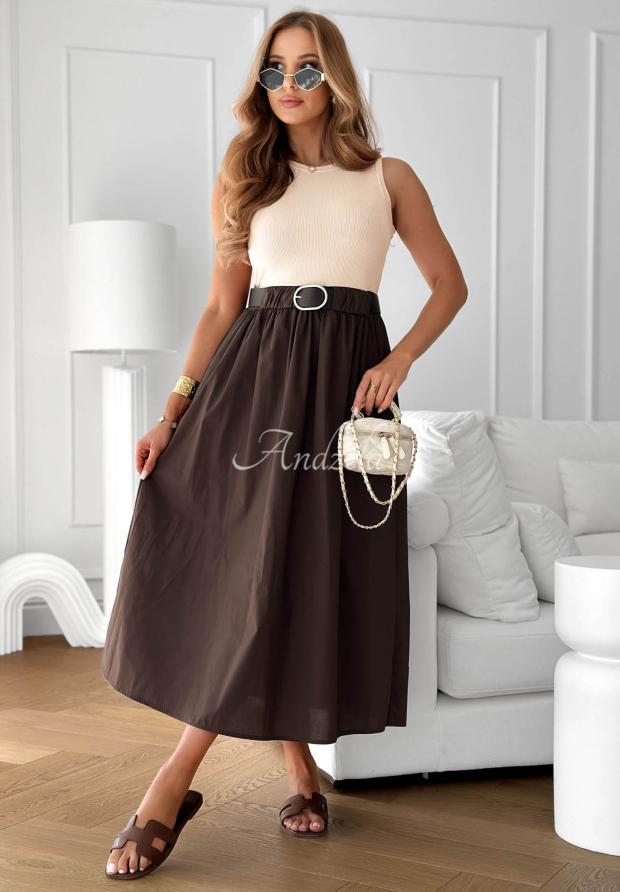 Sun Sailing Beige and Chocolate-Colored Strapless Dress with a Belt