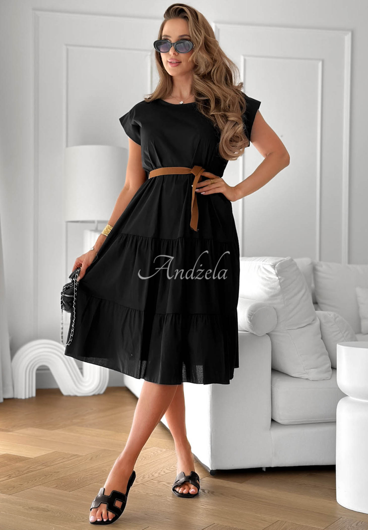 Marina Royale Black Cotton Dress with Ruffles and a Belt