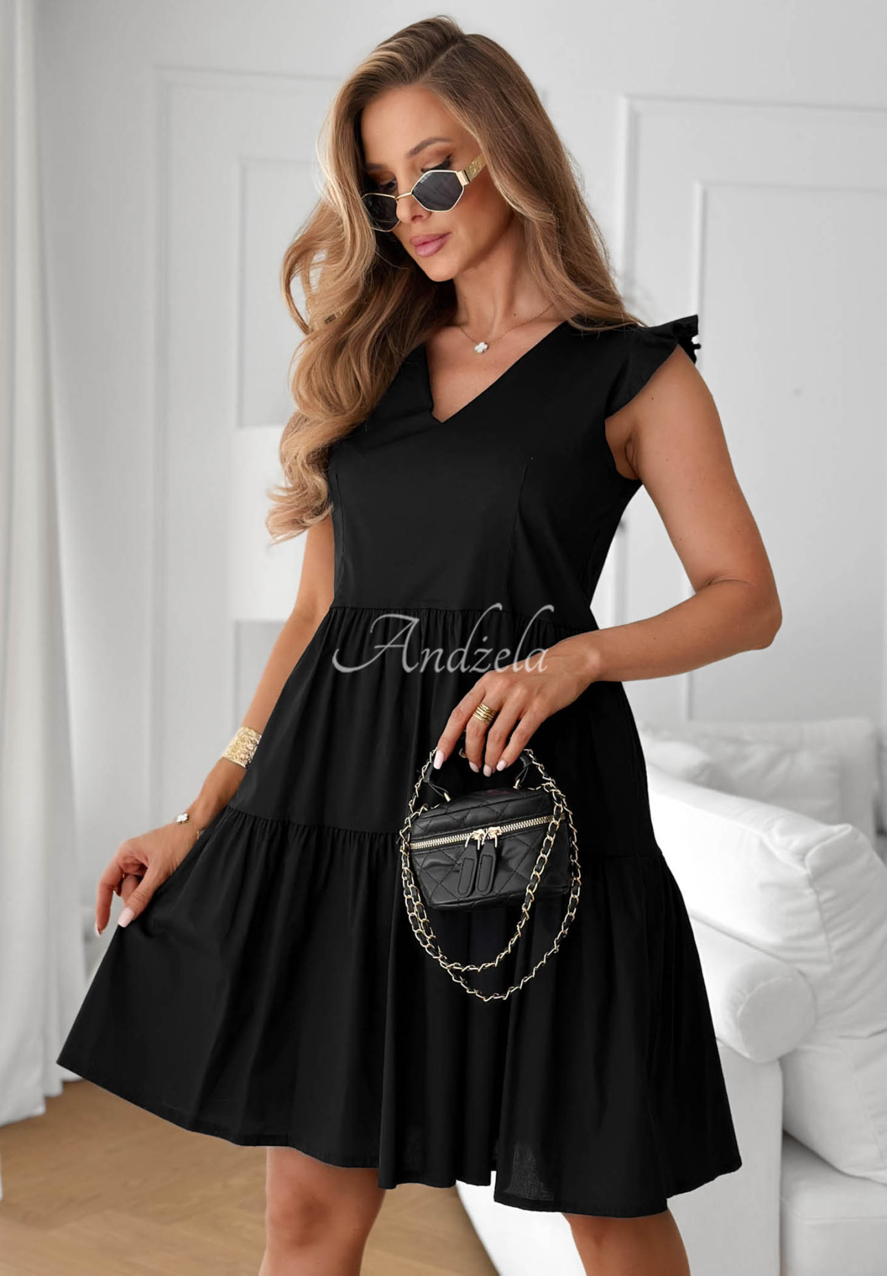 Lunar Sail Black Cotton Mini Dress with Ruffles