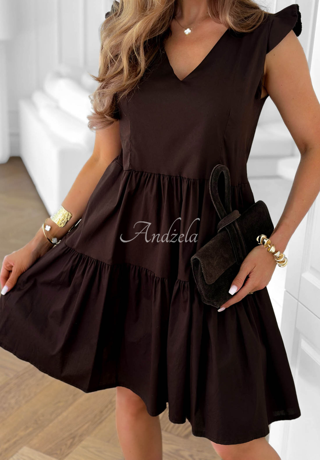 Lunar Sail Chocolate-Colored Cotton Mini Dress with Ruffles