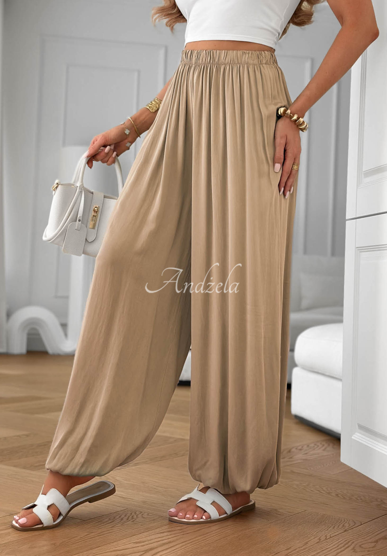Ocean Kiss Beige Viscose Jogger Pants