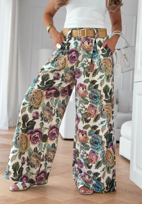Wiskozowe spodnie z zakładkami w kwiaty Blooming Air khaki