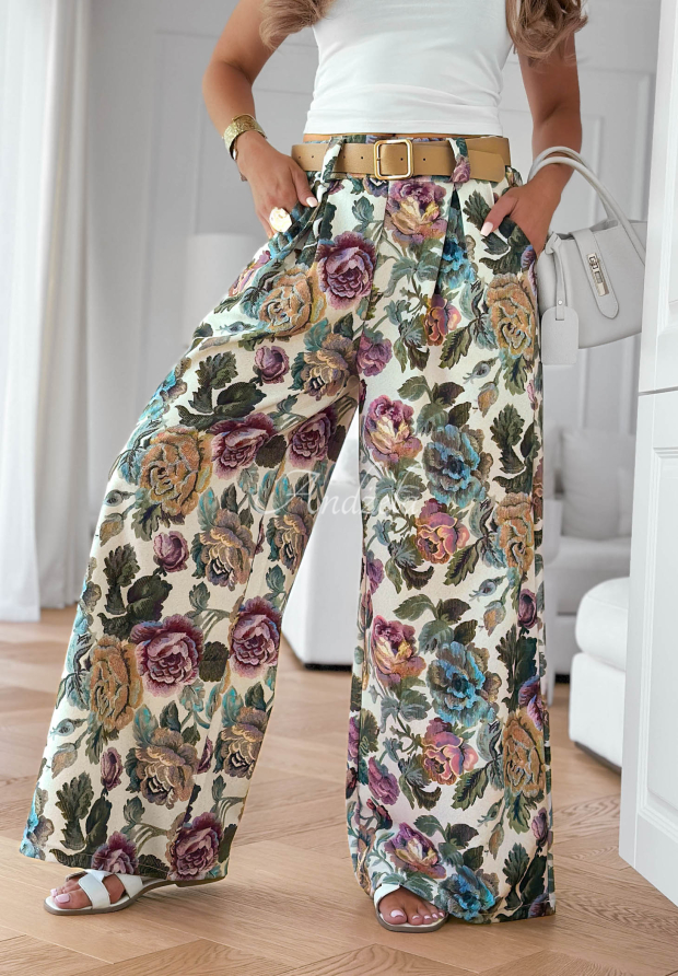 Blooming Air khaki floral pleated viscose pants