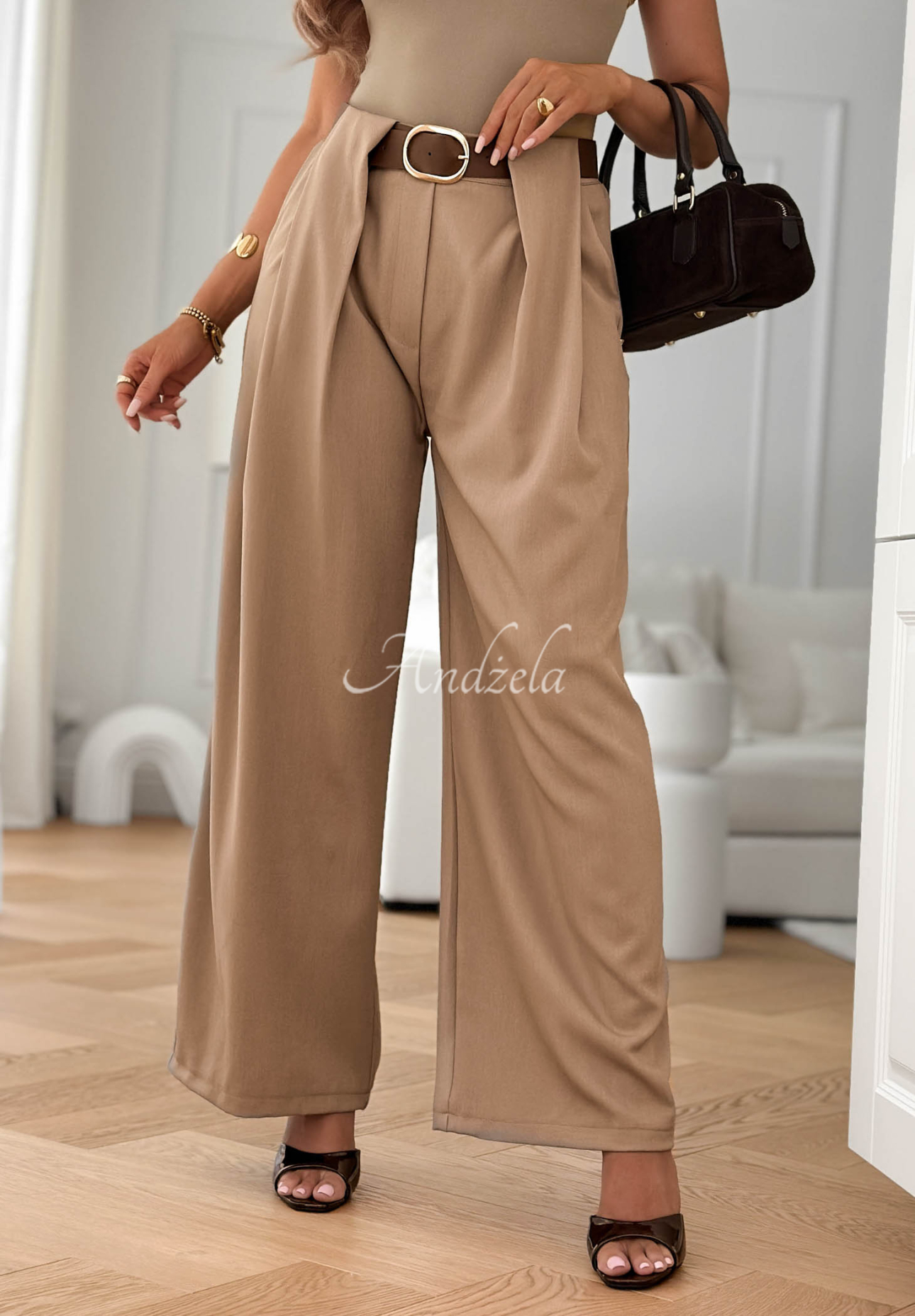 Wide-leg fabric pants with a belt by Clean Looks in mocha