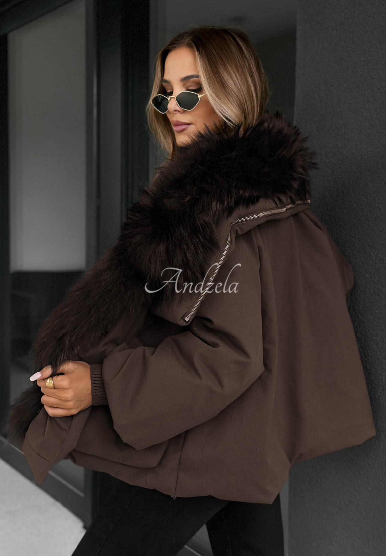 Nordic Mist Down Jacket with Fur Trim, Chocolate Brown