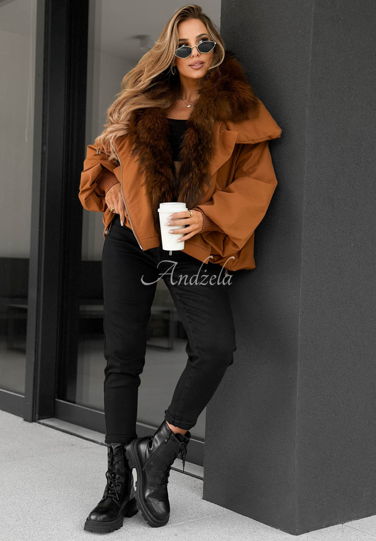 Nordic Mist Camel Down Jacket with Fur Trim
