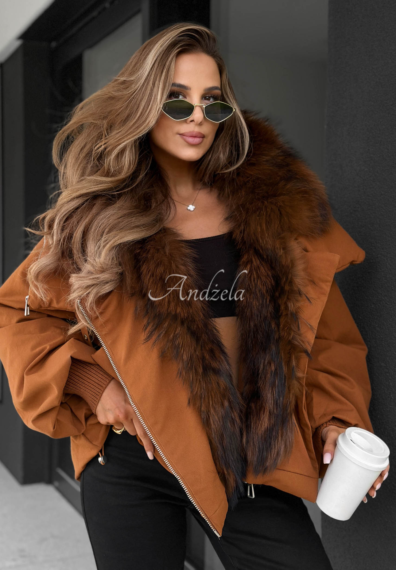 Nordic Mist Camel Down Jacket with Fur Trim