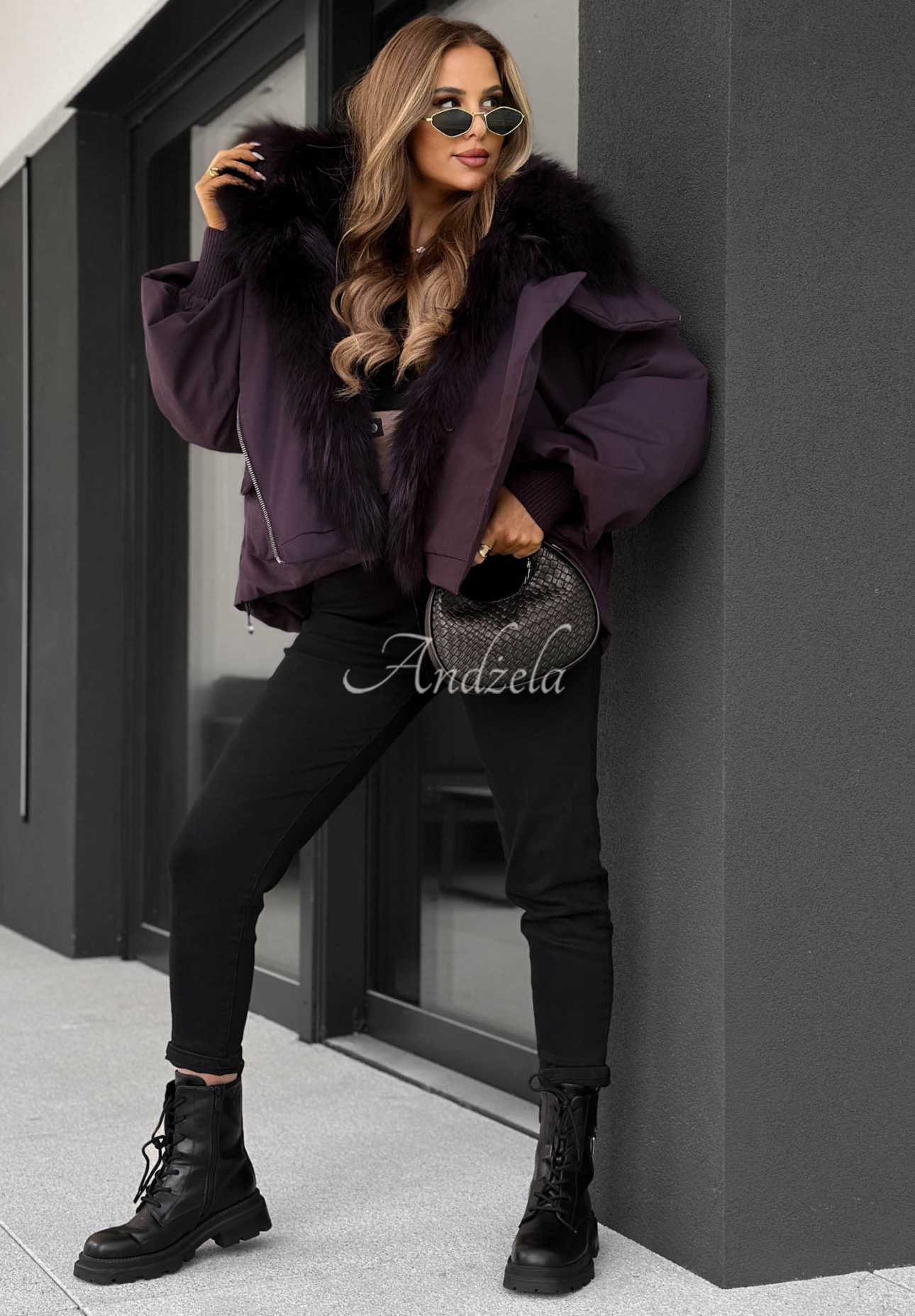 Nordic Mist Plum Down Jacket with Fur Trim