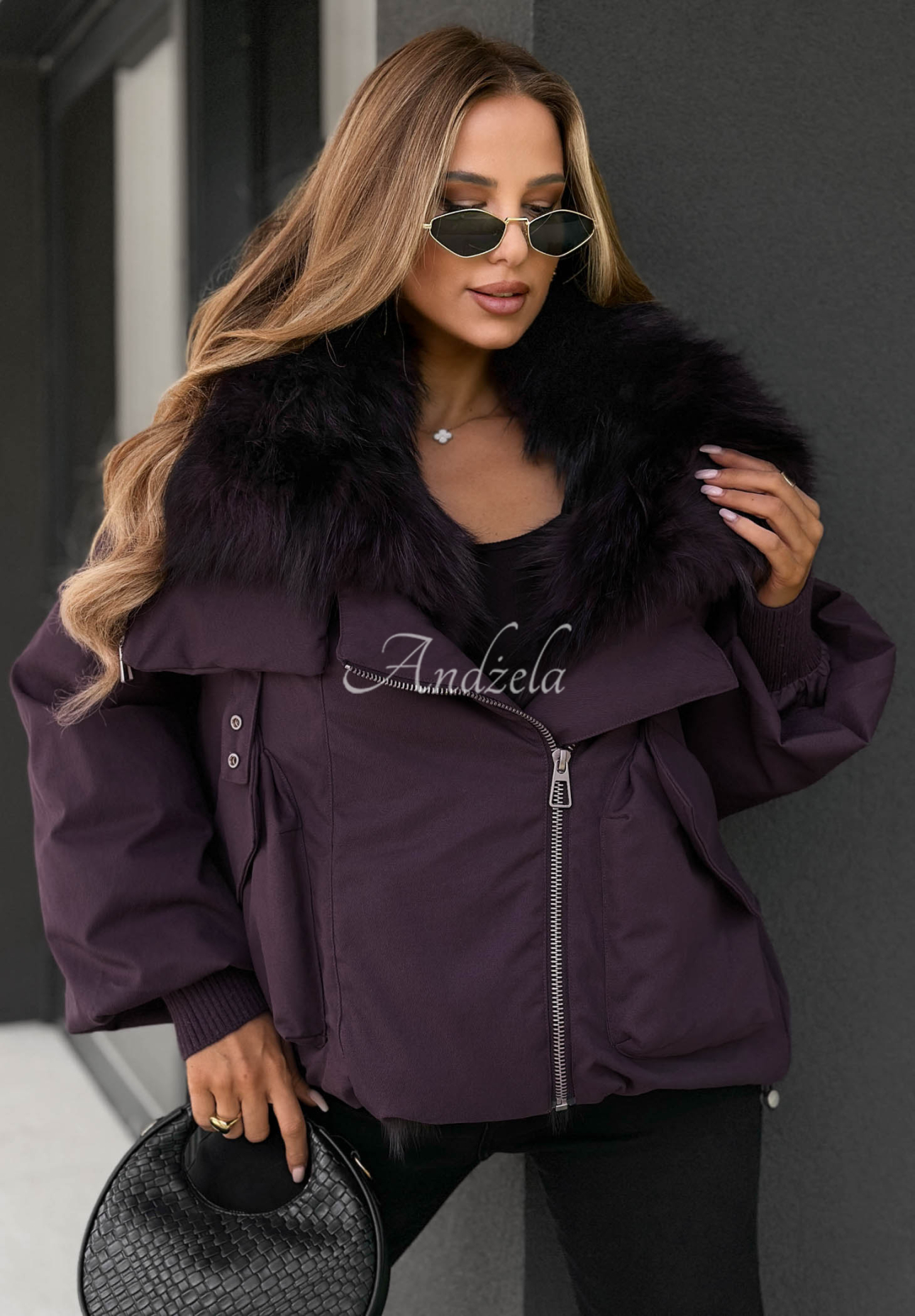 Nordic Mist Plum Down Jacket with Fur Trim