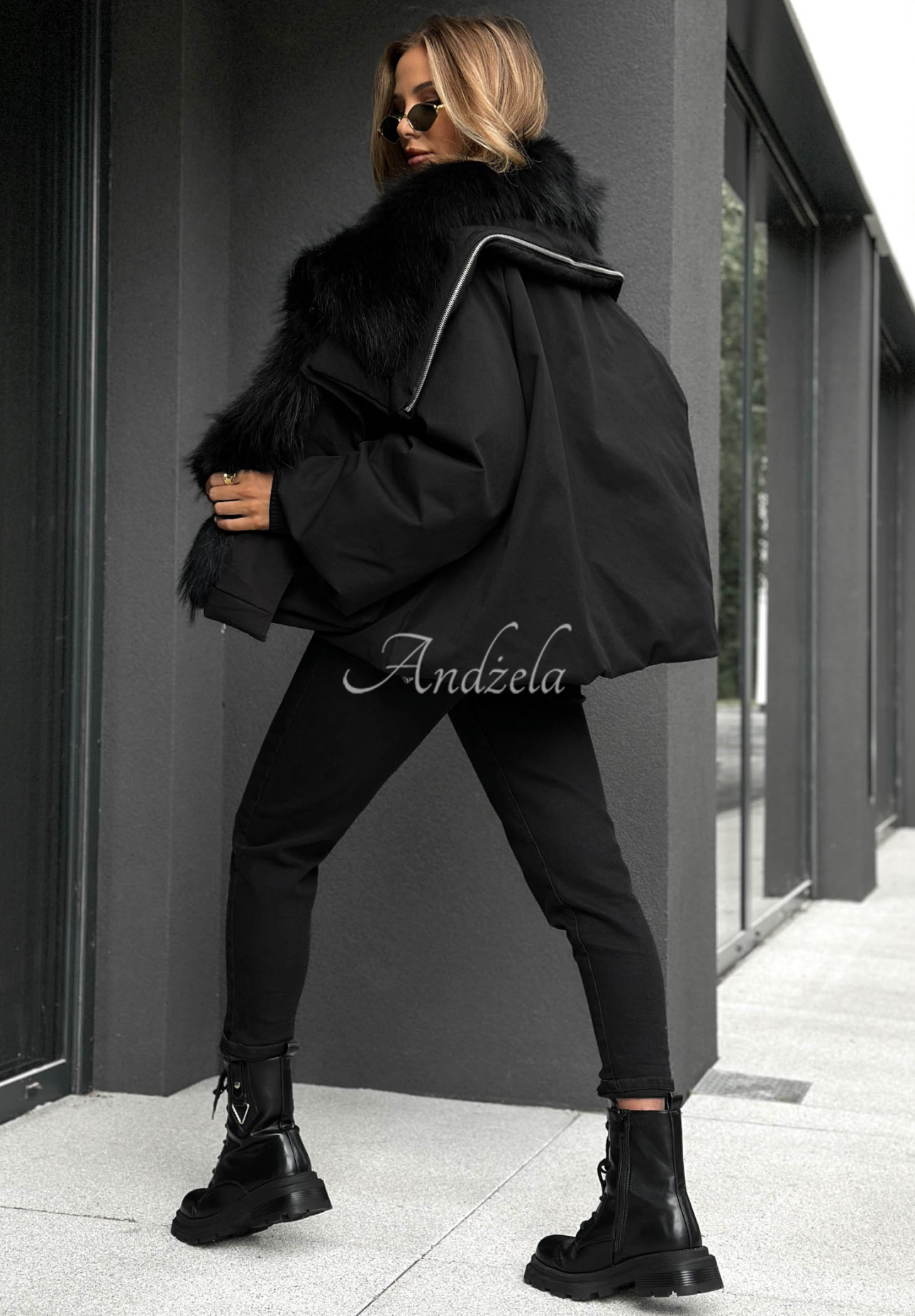 Nordic Mist Black Down Jacket with Fur Trim