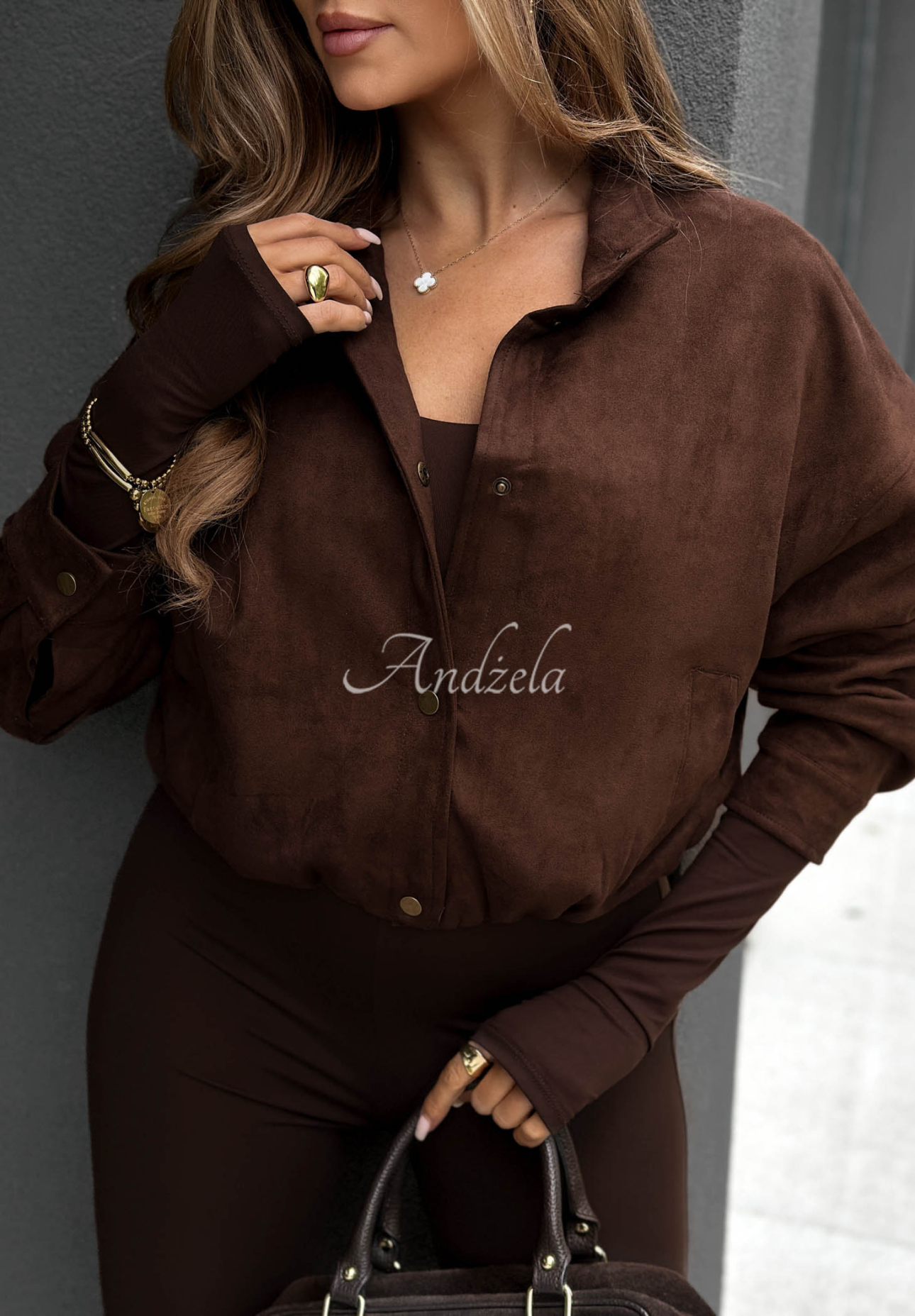 Timeless Autumn Short Suede Bomber Jacket in Chocolate Brown