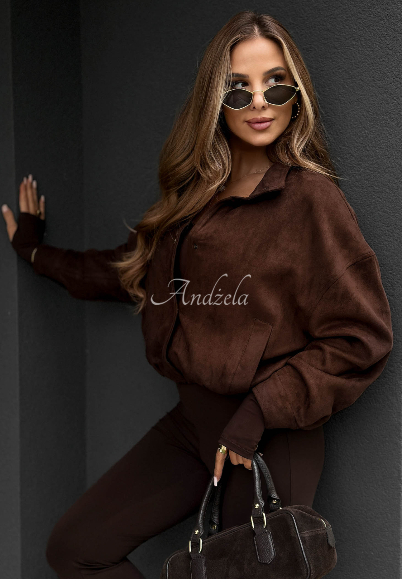 Timeless Autumn Short Suede Bomber Jacket in Chocolate Brown